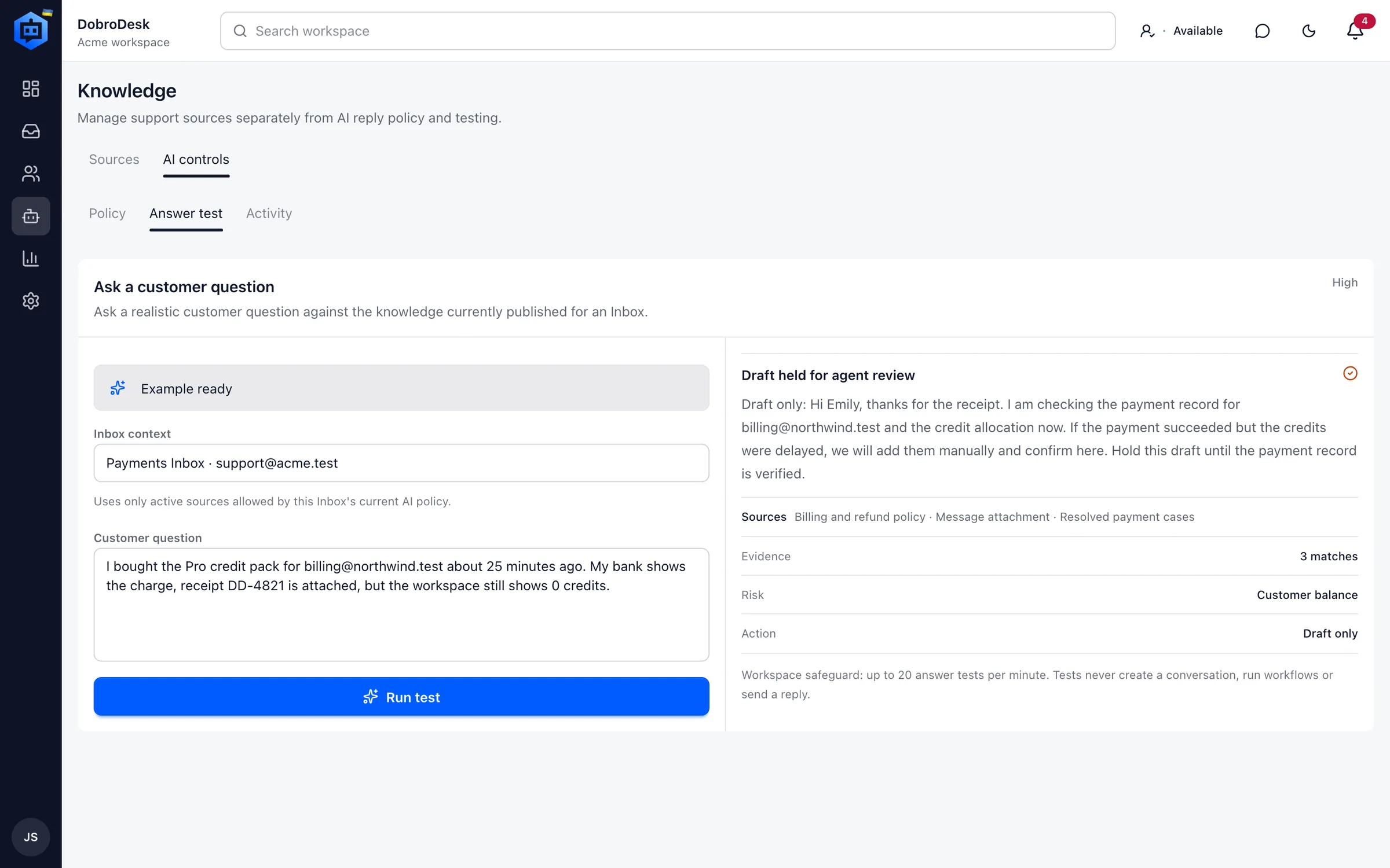DobroDesk AI and knowledge screen with automation guardrails, sources and answer test panel.