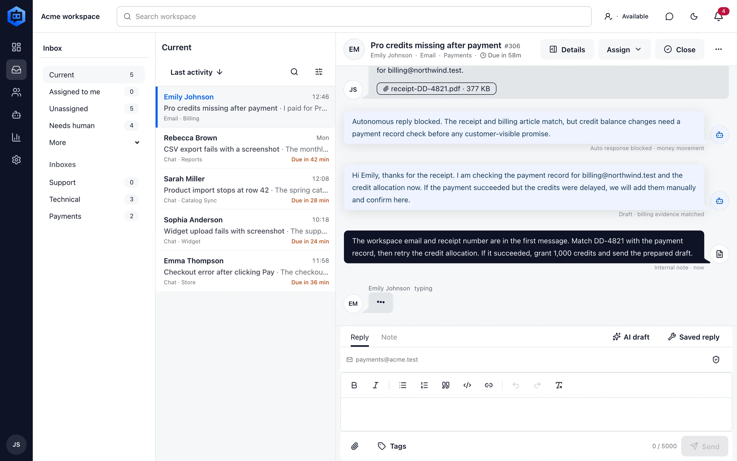 DobroDesk inbox screen with support conversations, SLA status and an AI-prepared draft.